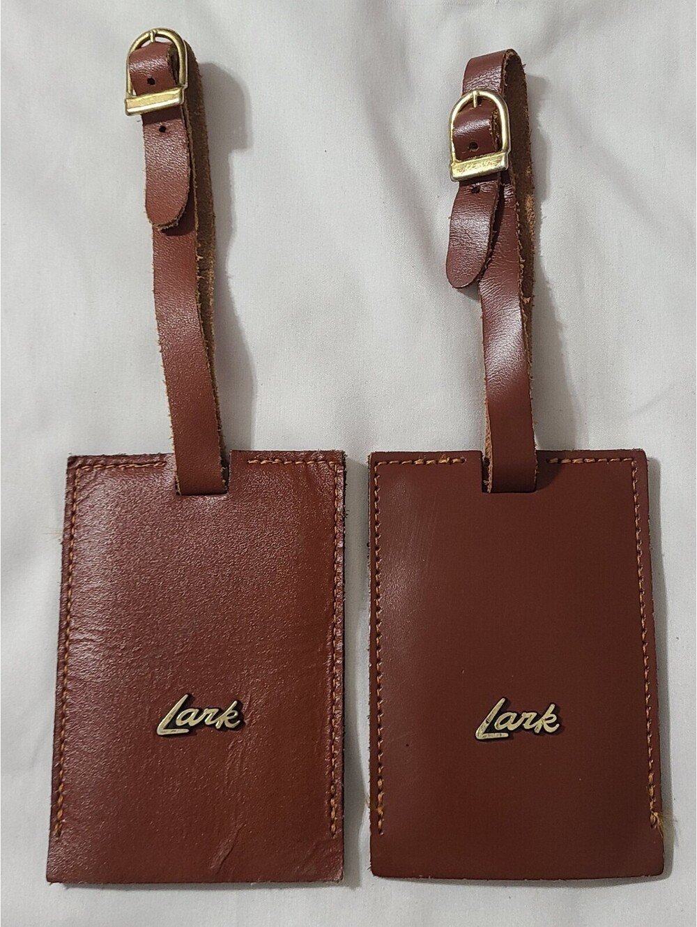 2pk Lark Luggage Bag ID Tags Sz 4.75"x3.25" Brown Leather Adjustable Hidden Name